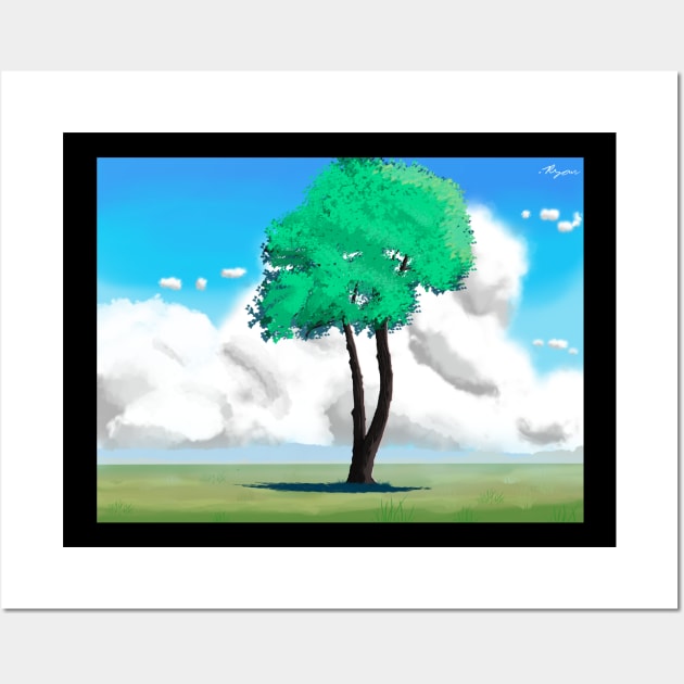 Peaceful Single Tree Scenery - Standalone Tree in Green Field Wall Art by DotNeko